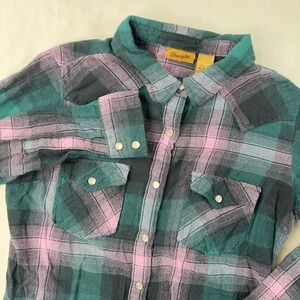 Wrangler Shirt Women's Medium Flannel Green Purple Plaid Pearl Snap Long Sleeve
